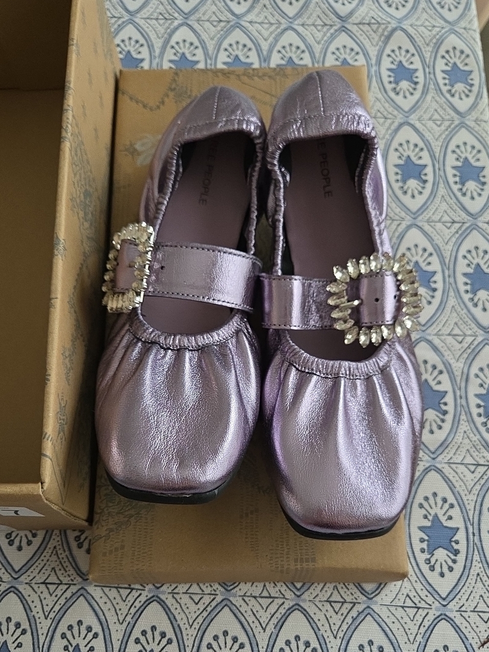 Free People Metallic Lilac Mary Jane Flats with Crystal Buckles